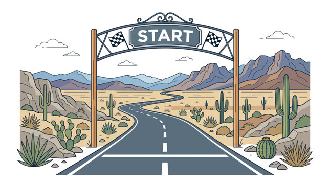 Start road sign desert landscape.