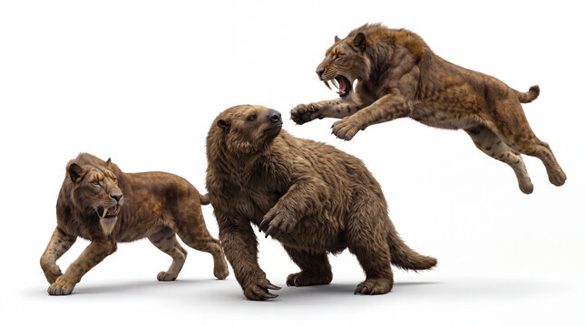 Pair of Homotherium latidens attacking a giant ground sloth, displaying coordinated predatory behavior and accurate anatomy in a detailed scientific paleomammal reconstruction isolated on white
