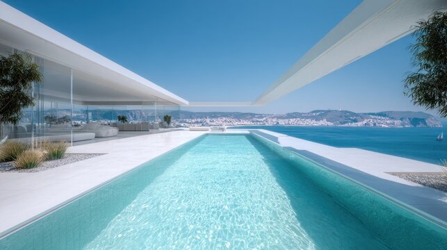 Modern luxury terrace features an infinity edge swimming pool overlooking a coastal city panorama