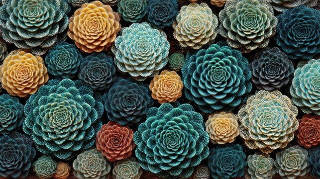 Diverse arrangement of tightly packed, multicolored rosette succulents creates a rich botanical pattern.