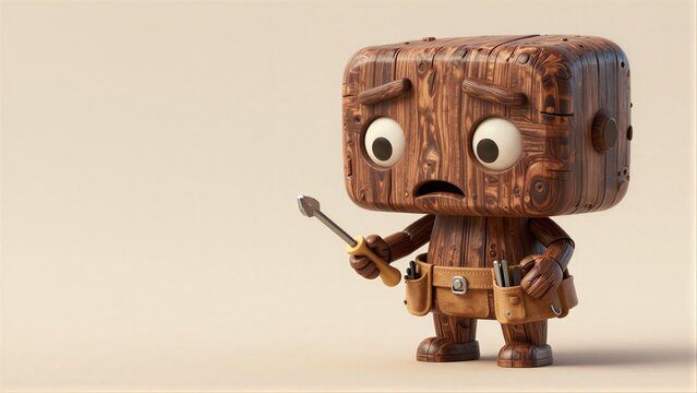 Wooden robot with worried expression holds screwdriver, ready for repair work.