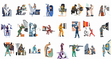 Collection of diverse aerospace engineers and astronauts performing maintenance and repairs on futuristic spacecraft and advanced technology in a flat vector style. © Ricardo