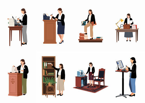 Collection of Illustrations Featuring Court Reporters and Legal Professionals in Various Work Environments with Stenotype Machines, Testimony Documents, and Office Equipment