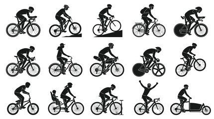 Obraz premium Cyclists Silhouette Icons Set. Diverse Bicycle Riders in Black Monochrome Glyph Style for Sports and Recreation.