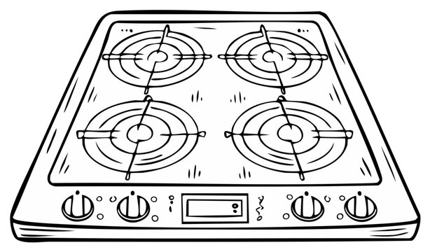 Black and white illustration of a four-burner electric stove top with control knobs
