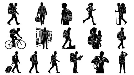 Obraz premium Black and White Silhouettes of People with Backpacks, Travel and Hiking