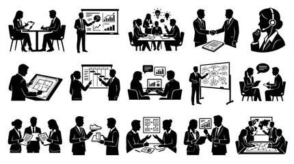 Fototapeta premium Business Meeting Silhouettes: Black White Flat Icons of People Collaborating