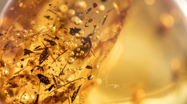 Macro view of natural Baltic amber with organic inclusions. Fossilized prehistoric resin with trapped debris and tiny bubbles. Gemstone texture for jewelry and geology nature study.