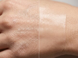 Fototapeta premium Skincare comparison of dry versus hydrated skin on woman hand. Moisturizing lotion effect on texture. Dermatological treatment and beauty therapy for healthy and smooth skin regeneration.