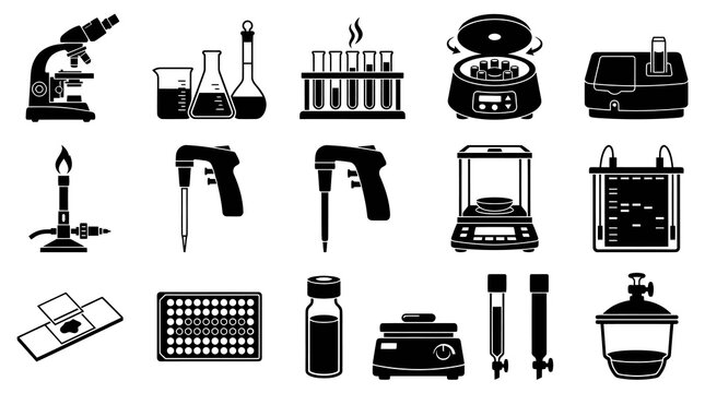 Black and White Icons of Science Laboratory Equipment, Medical Research Tools