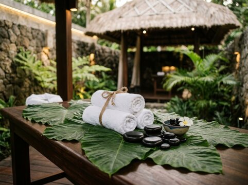 Rolled white towels and black massage stones on green leaves on a spa table. Tropical wellness resort setting for massage therapy and beauty treatment. Relaxation and zen concept.