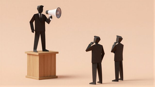 Man on podium speaks into megaphone, two listeners stand attentively below.
