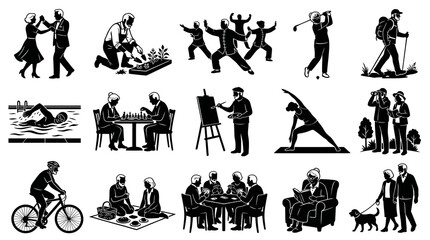 Fototapeta premium Black and White Line Art Icons of Seniors Enjoying Diverse Hobbies and Activities