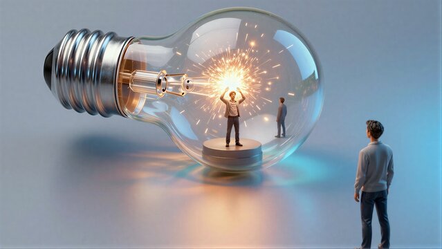 A giant light bulb contains miniature figures, one celebrating sparks of inspiration.