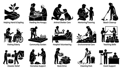 Fototapeta premium Charity and Volunteer Work Icons: Helping Hand, Feeding Hungry, Shelter, Beach Cleanup