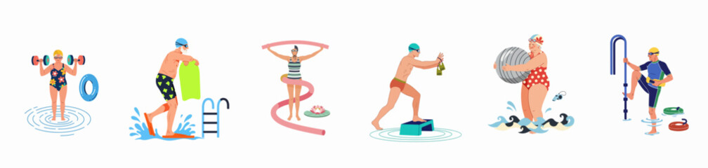 Collection of senior people practicing water aerobics and aqua fitness with various exercise equipment in a swimming pool, isolated on white background. © ValentinaRestrepo