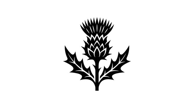 A black and white graphic illustration of a Scottish thistle flower.