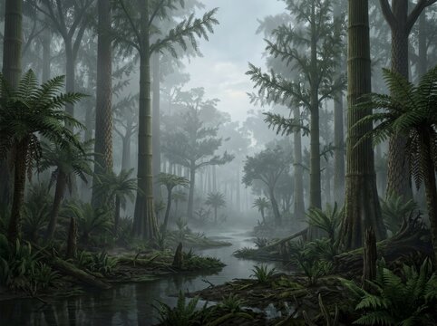 Prehistoric forest with river and giant ferns. Ancient landscape with tall trees and mist. Primeval jungle environment for nature and science study. Ecosystem of the prehistoric era.