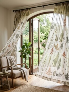 Sheer curtain with botanical leaf print hanging by an open garden door. Living room interior design with natural light and cozy armchair. Sustainable home decor and relaxation concept.