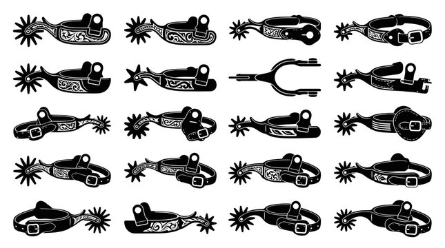 Western Cowboy Spurs Collection Black and White Vector Art