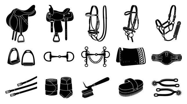 Black and White Glyph Icons of Equestrian Gear and Horse Tack