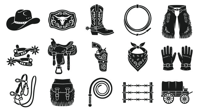 Western Cowboy Gear Icons Black and White Glyph Vector Asset