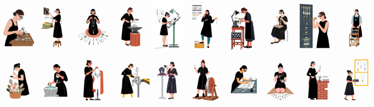 Set of flat illustrations depicting a professional woman artisan crafting handmade jewelry and silverware in a workshop using various specialized tools.