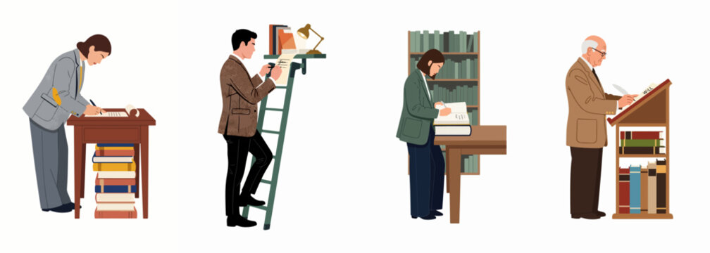 Flat vector illustration of professional people and scholars writing legal documents, wills, and scrolls in a library or archival environment.