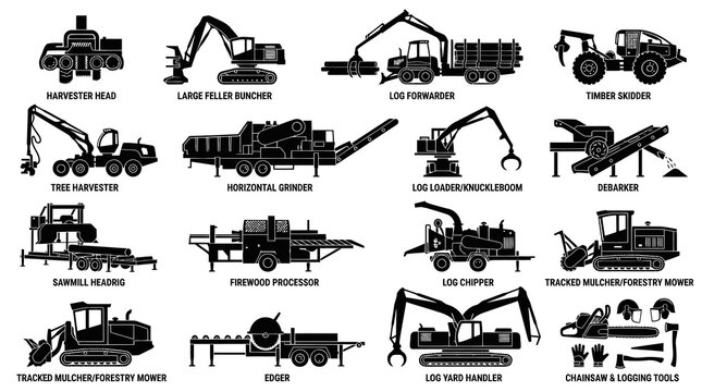 Forestry Equipment Icons: Black  White Line Art of Logging Machinery
