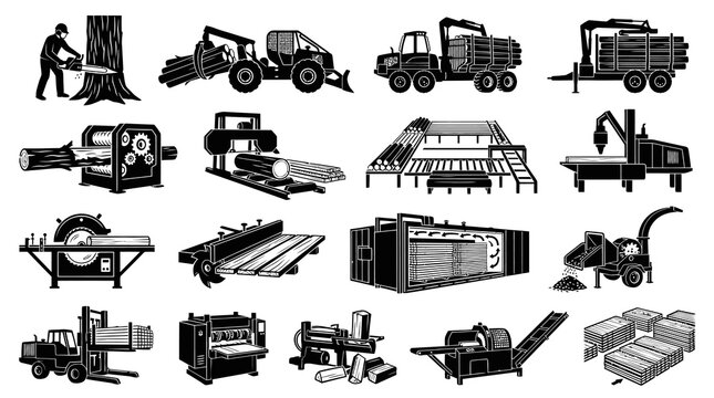 Black  White Glyph Set of Timber Logging  Sawmill Wood Processing Industry Icons