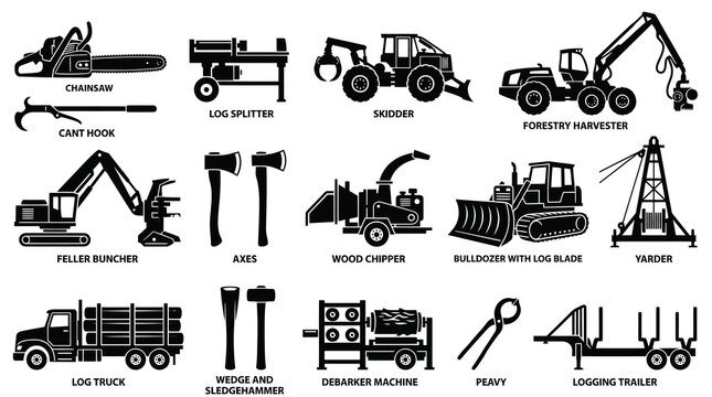 Forestry Equipment Icons Set: Chainsaw, Feller Buncher, Log Truck, Black and White