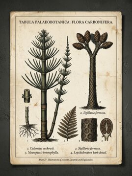 Vintage botanical illustration of ancient plants from Carboniferous period. Scientific drawing showing prehistoric flora like Calamites and Sigillaria. Educational biology poster.