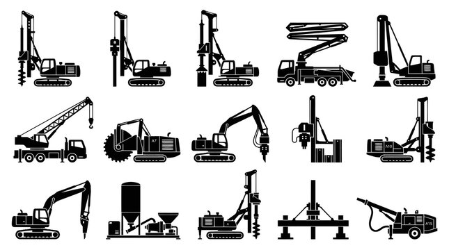 Construction Heavy Machinery Glyphs: Piling Rigs, Concrete Pumps, Cranes, Excavators Black  White Icons