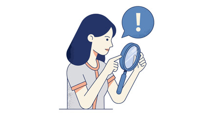 Fototapeta premium Curious young woman with a magnifying glass and an exclamation bubble, symbolizing detailed analysis and problem discovery for business solutions, educational content, and investigative reporting.