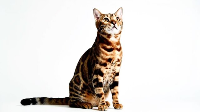 Beautiful bengal cat sitting and looking up on a white background