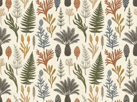 Botanical seamless pattern with hand drawn forest plants and ferns. Vintage style textile print with palm tree and pine cone. Artistic natural texture for wallpaper and fabric design.