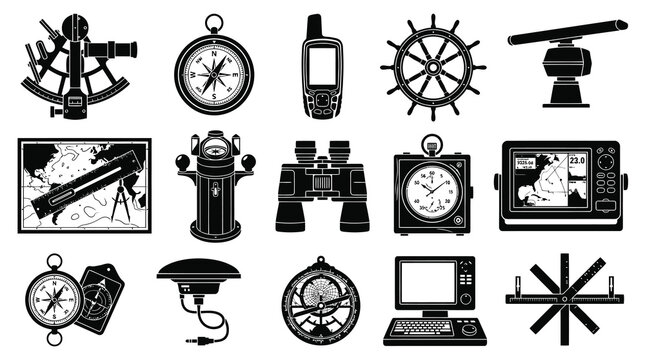 Nautical Marine Navigation Instruments Glyph Icons Set - Black and White Ship Equipment Collection