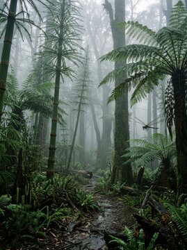 Prehistoric forest with giant fern and dragonfly in swampy jungle. Ancient primeval tropical landscape with dense fog and misty atmosphere. Surreal wilderness nature conservation concept.