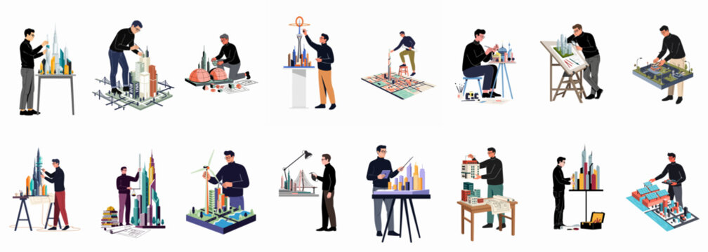 Set of illustrations depicting architects and urban planners designing city models, skyscrapers, and green energy projects for professional architectural and urban development concepts.