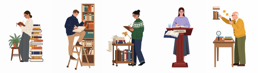 Collection of diverse people engaged in reading, writing, and research activities with books and bookshelves in various academic and library settings. © ValentinaRestrepo