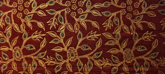 Richly patterned batik fabric featuring intricate golden floral embroidery on a deep red background. The design showcases repeating motifs of stylized flowers, leaves, and vines, with dark blue detail © Johari