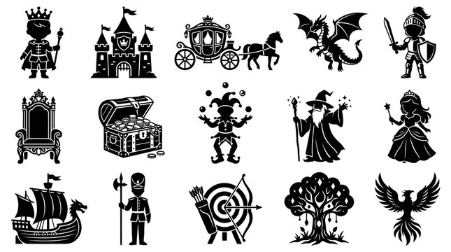 Fantasy Icons: King, Castle, Dragon, Knight, Wizard, Princess, Ship, Tree, Phoenix