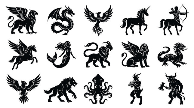 Mythology Fantasy Creatures and Legendary Beasts Silhouette Icons Vector Set Glyph Art