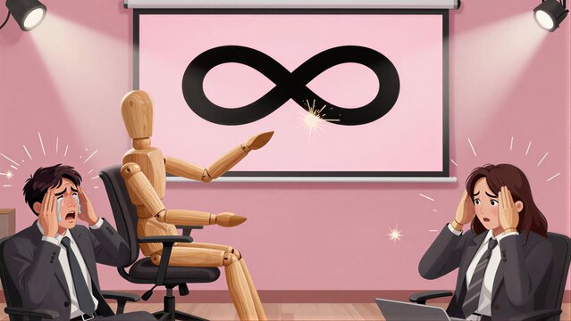 Wooden man presents infinity symbol, colleagues react with shock and fear.