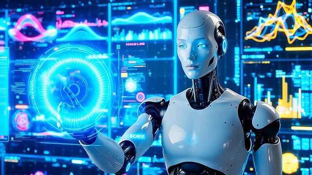 Futuristic humanoid robot interacting with digital interface