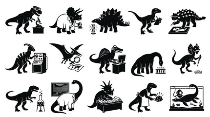 Fototapeta premium Dinosaur Scientists Researching Fossils and Experiments, Black and White Vector Art
