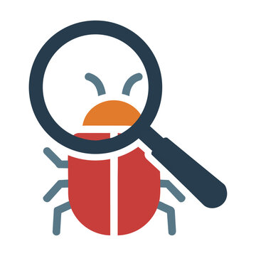 Minimalist icon showing a magnifying glass over a simplified insect symbol on a clean white background. Software development and debugging concept