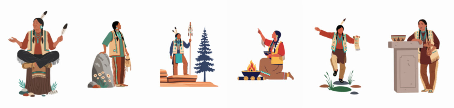 Set of native american people in traditional clothing performing various cultural and ritual activities, isolated on white background flat vector illustration.