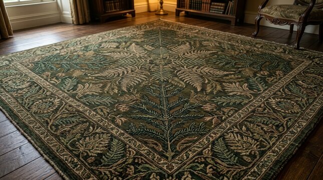 Large green rug with ornamental fern leaf pattern spread over wooden floor. Classic interior design element for living room. Handwoven textile carpet with botanical floral detail.