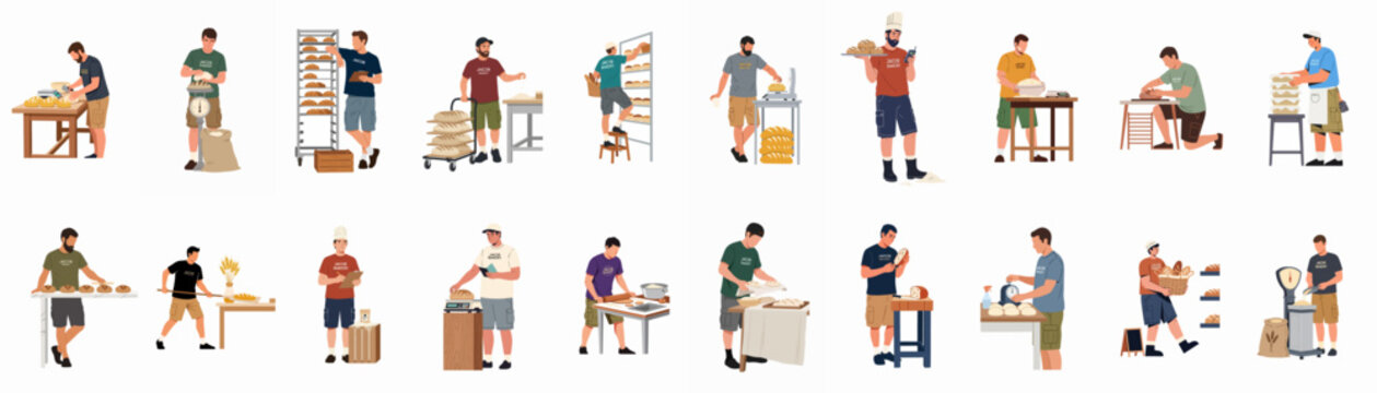 Collection of male bakers and pastry chefs working in a bakery, performing tasks from kneading dough to organizing freshly baked bread.